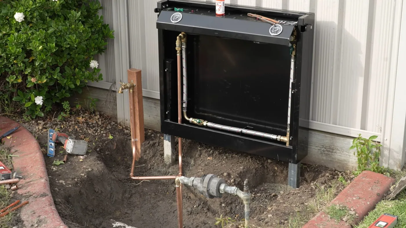 Black wall-mounted equipment box beside a hole in the dirt with copper pipe, a valve and an outdoor spigot