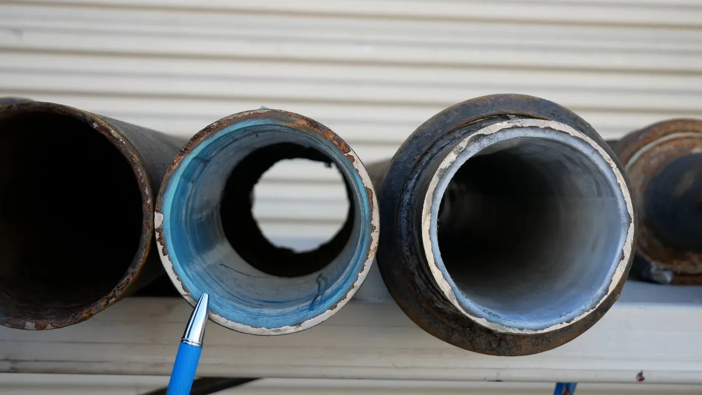 Three cut ends of old steel pipe in a row, the middle one lined with blue material and a pen pointing at it