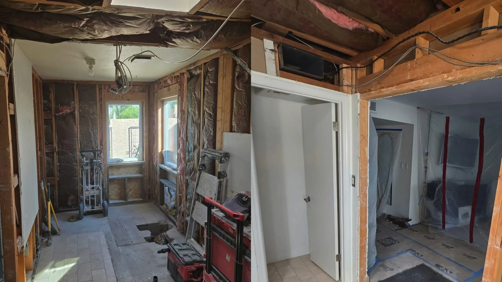 Gutted room with open wall studs, a red drying machine and equipment along the floor