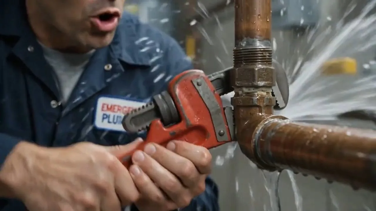 Plumber gripping a pipe wrench on a brass fitting while water sprays from the joint