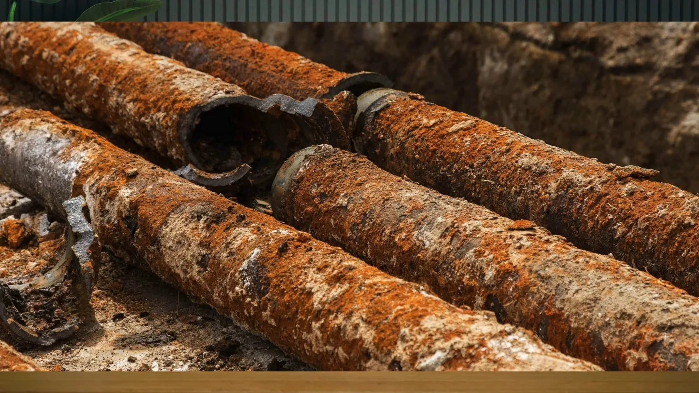Sections of rusted cast iron pipe laid on a tiled surface