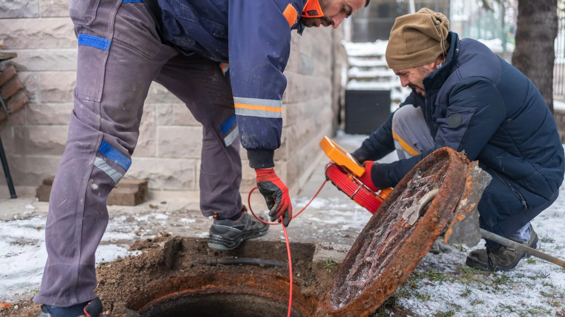 Two plumbers crouched beside an open access hole, feeding the cable of an orange camera reel into the line